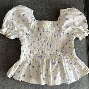 Zara White Floral Puff Sleeve Blouse